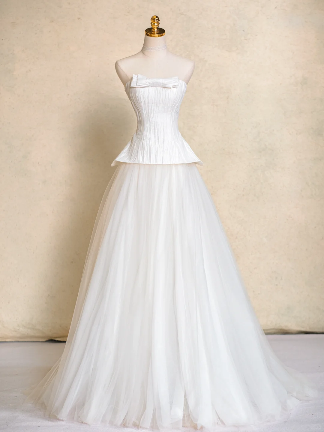 Dreamy A Line Strapless White Satin Tulle Long Wedding Dresses C4508