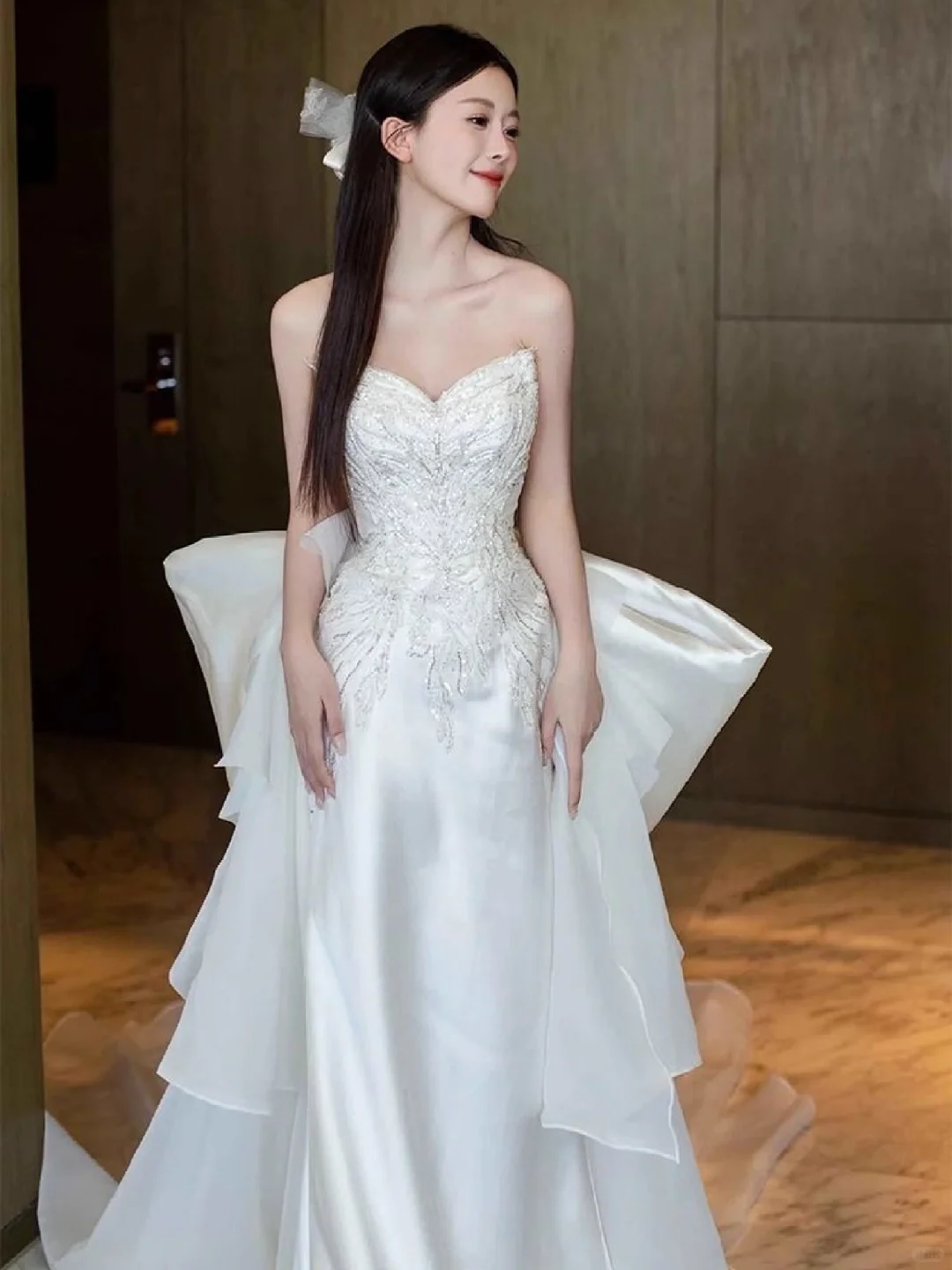 Dreamy Mermaid Strapless Satin Sequin Long Wedding Dresses C4532
