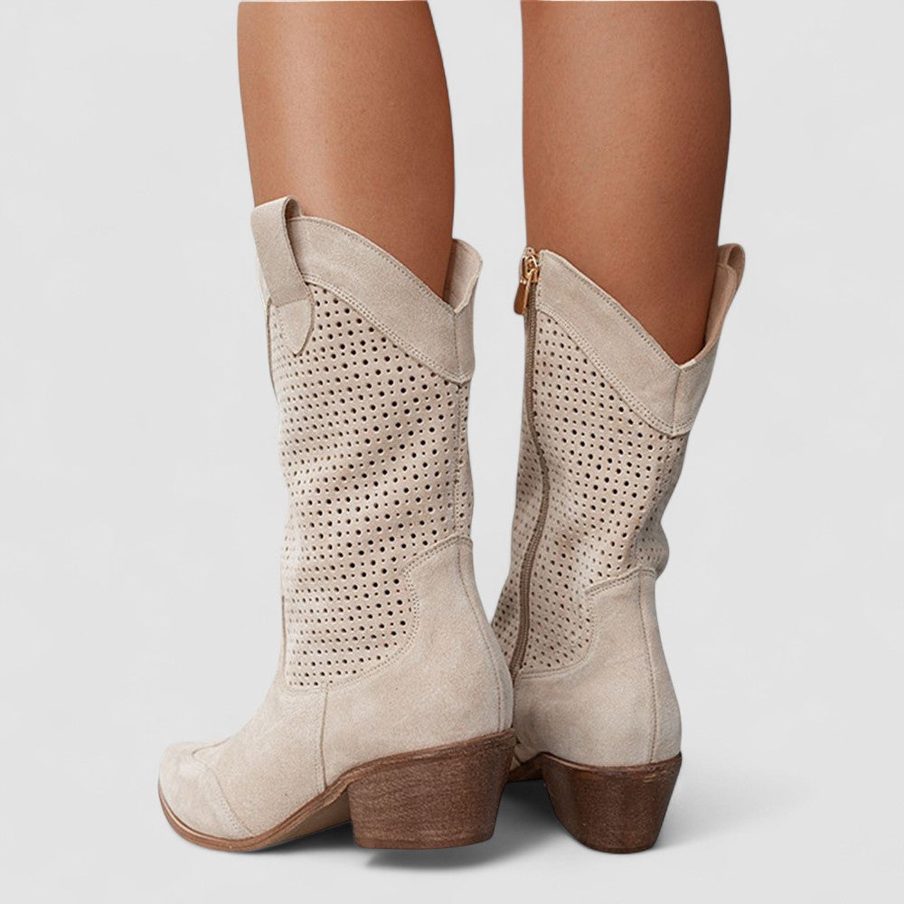 Perforated Cut Out Block Heel Western Boots