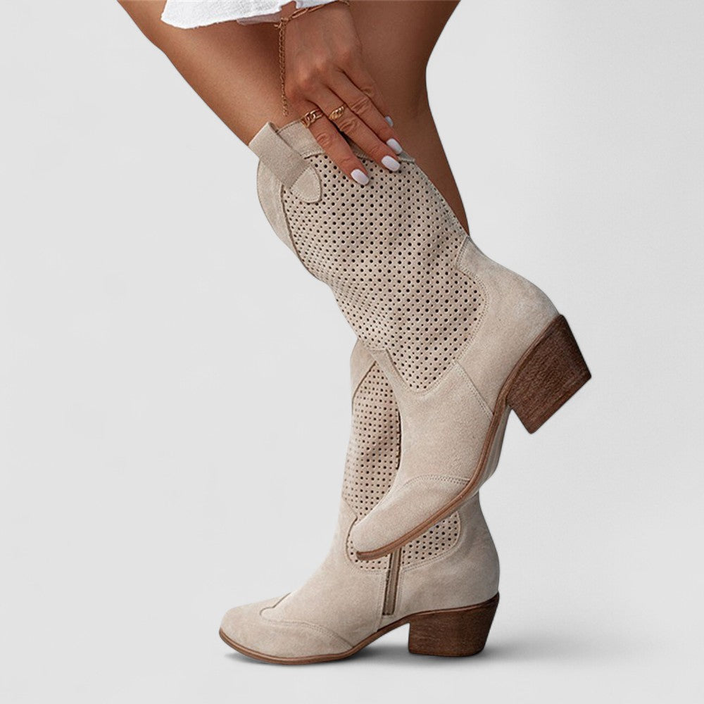 Perforated Cut Out Block Heel Western Boots