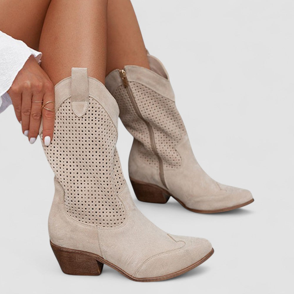 Perforated Cut Out Block Heel Western Boots