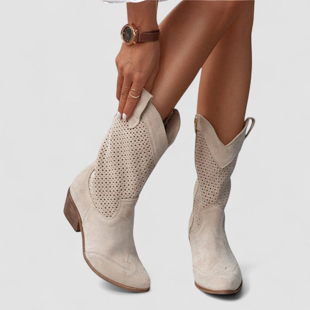 Perforated Cut Out Block Heel Western Boots