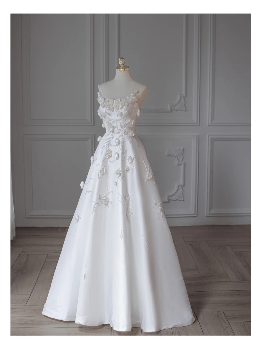 Classy A Line Strapless Satin Applique Long Wedding Dresses C4534