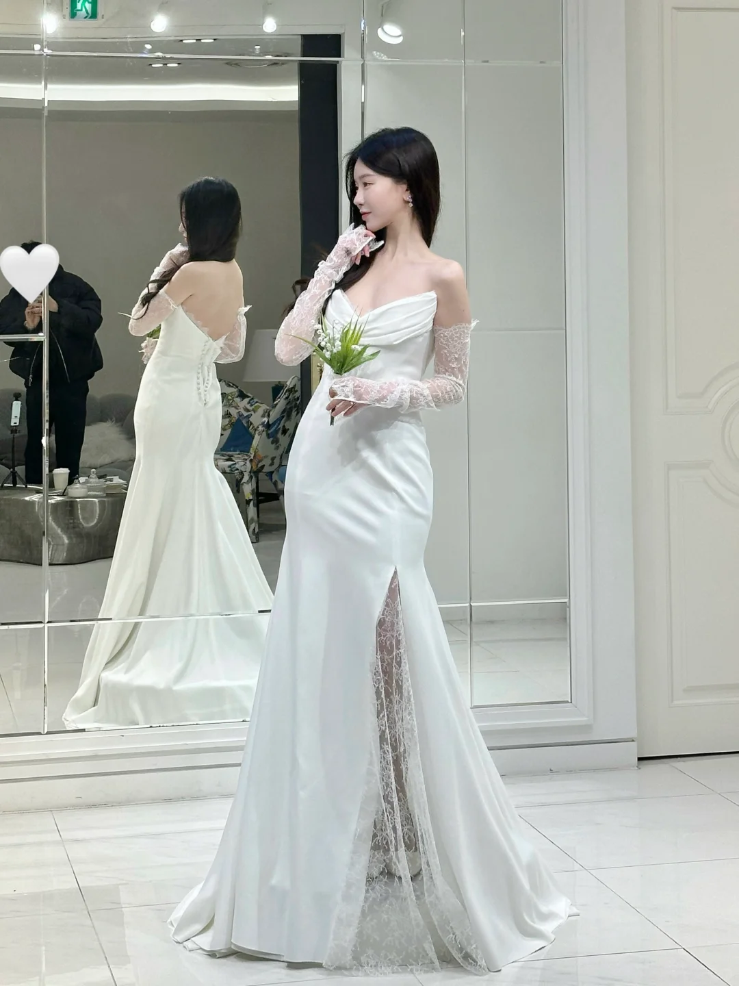 Classy Mermaid Strapless Satin Lace With Sleeves Long Wedding Dresses C4540