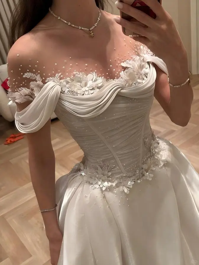 Gorgeous Ball Gown Off The Shoulder Satin Beads Flowers Long Wedding Dresses C4542