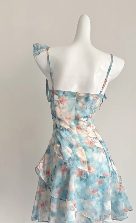 Chic A Line Spaghetti Straps Chiffon Printed Short Homecoming Dress 19th Birthday Outfits C4548