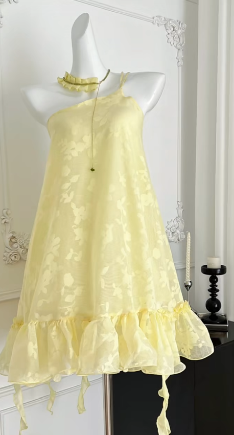 Pastel Yellow A Line One Shoulder Strap Chiffon Applique Short Homecoming Dress 17th Birthday Outfits C4549