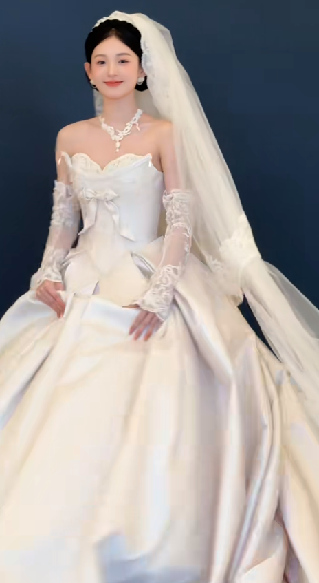 Timeless Ball Gown Strapless Satin Applique With Veil Sleeves Long Wedding Dresses C4554