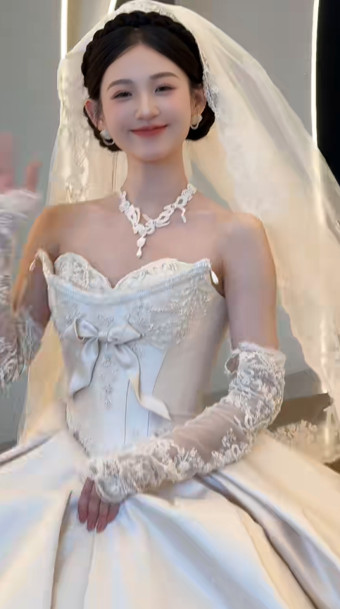 Timeless Ball Gown Strapless Satin Applique With Veil Sleeves Long Wedding Dresses C4554