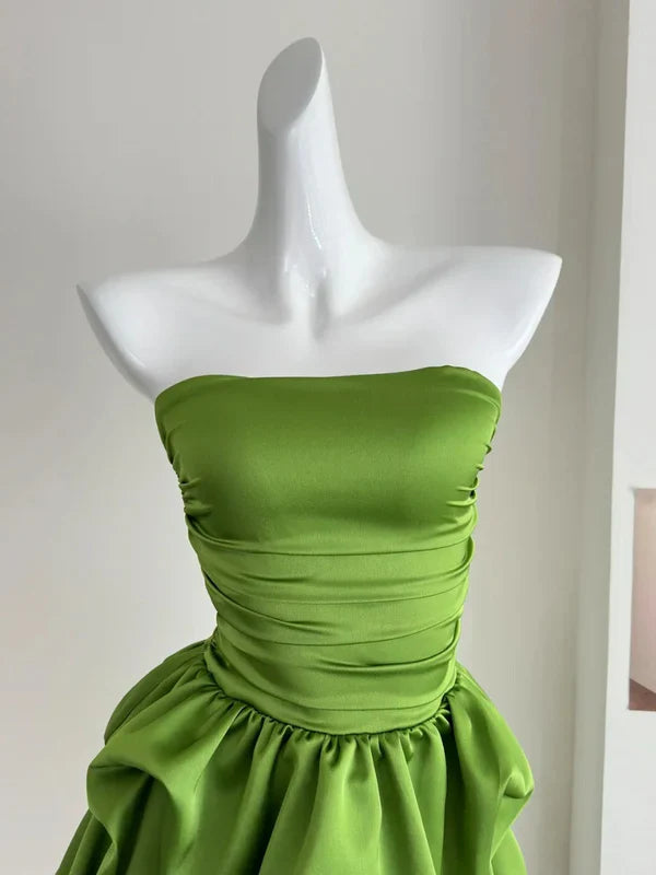 Chic A Line Strapless Green Satin Pleated Short Homecoming Dress 18th Birthday Outfits C4623