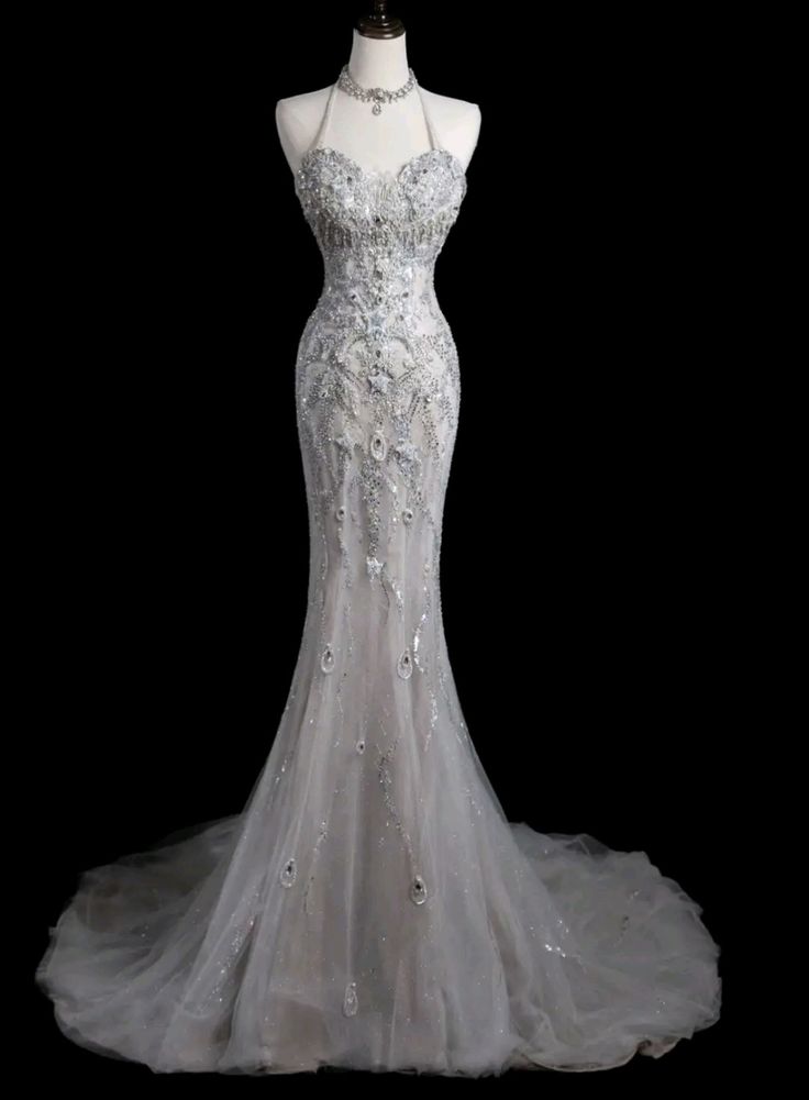 Gorgeous Mermaid Halter Tulle Sequin Beads Long Prom Dresses Formal Dress C4636