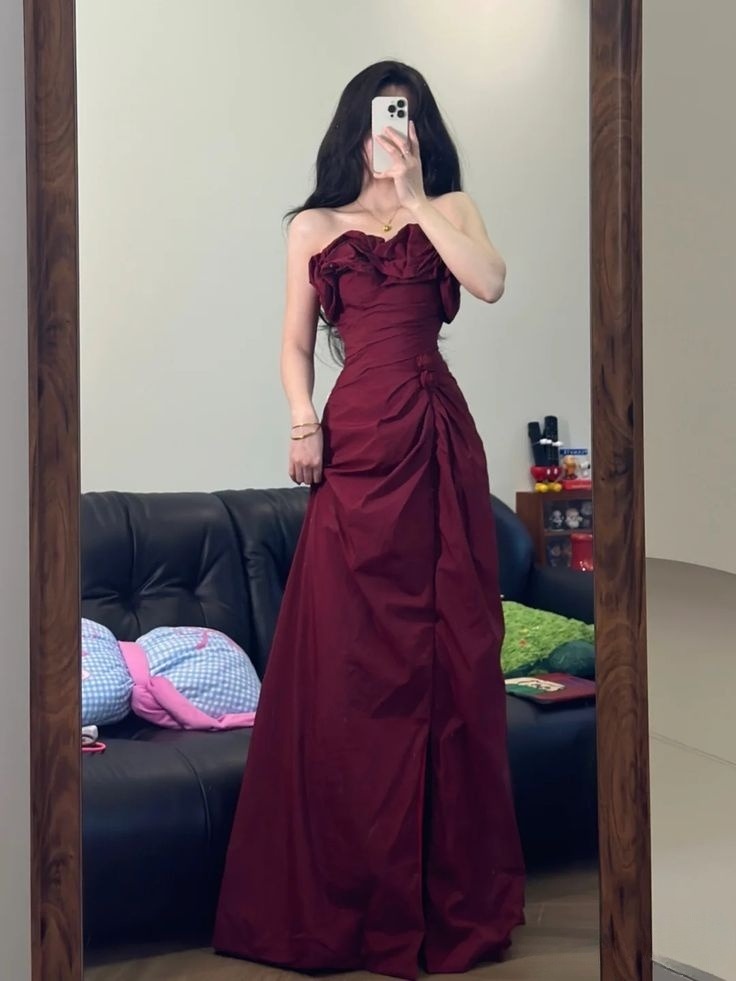 Elegant A Line Strapless Burgundy Satin Long Prom Dresses Formal Dress C4638