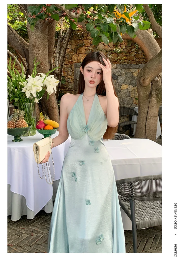 Chic A Line Halter Satin Chiffon Long Prom Dresses Formal Dress C4643