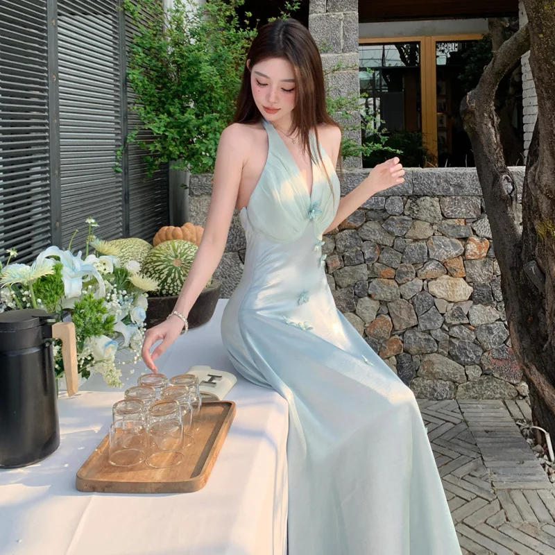 Chic A Line Halter Satin Chiffon Long Prom Dresses Formal Dress C4643