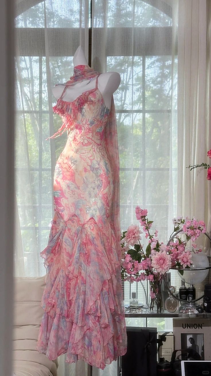 Stunning Mermaid Spaghetti Straps Chiffon Printed Long Prom Dresses Formal Dress C4645