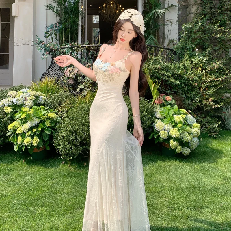 Charming Mermaid Spaghetti Straps Satin Lace Applique Long Prom Dresses Formal Dress C4649