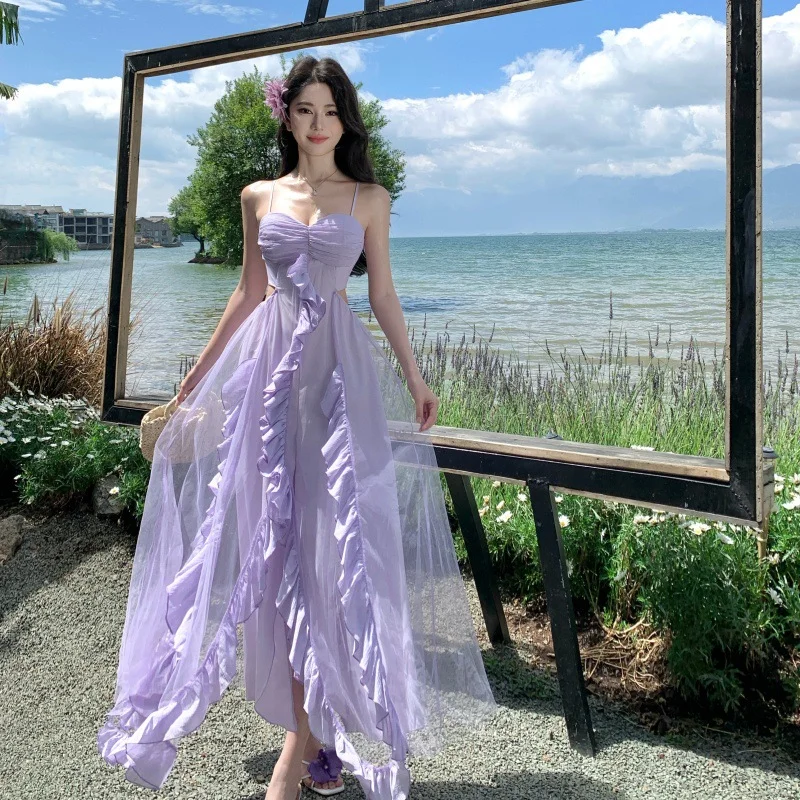 Lilac A Line Spaghetti Straps Satin Tulle Ruffles Long Prom Dresses Formal Dress C4651