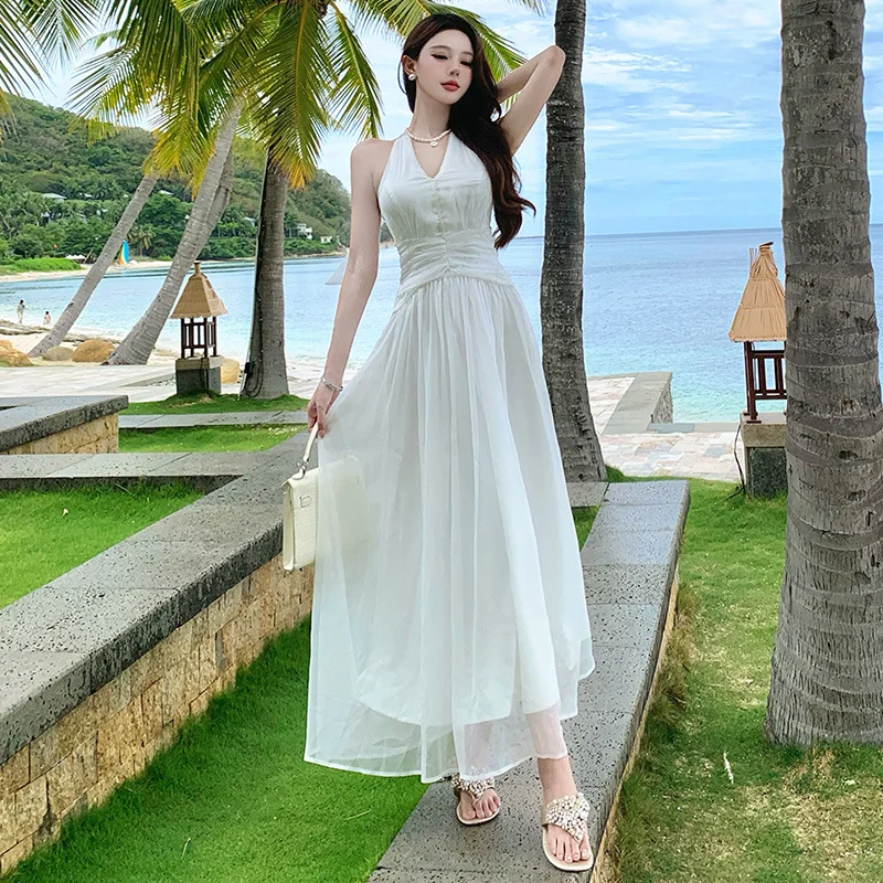 Elegant White A Line Halter Chiffon Long Prom Dresses Formal Dress C4652