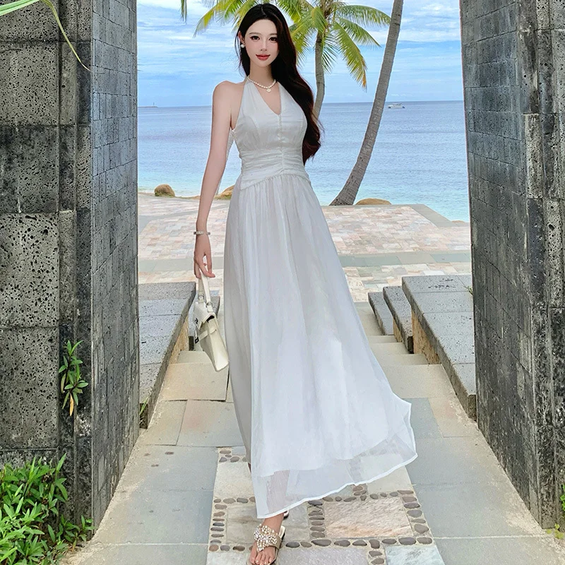 Elegant White A Line Halter Chiffon Long Prom Dresses Formal Dress C4652
