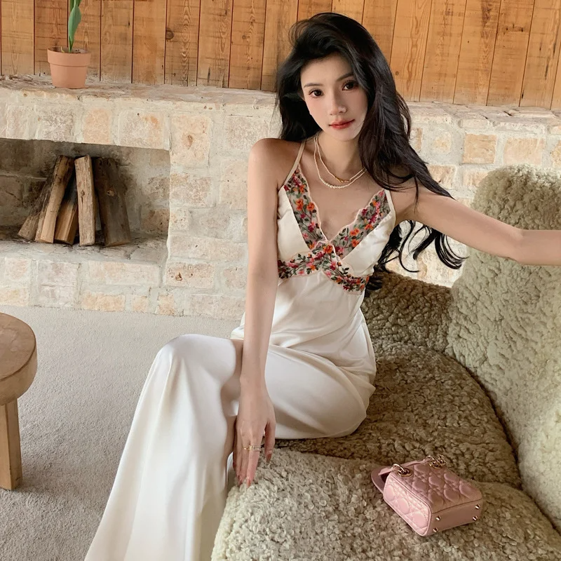 Charming Mermaid Spaghetti Straps Satin Flower Lace Long Prom Dresses Formal Dress C4656