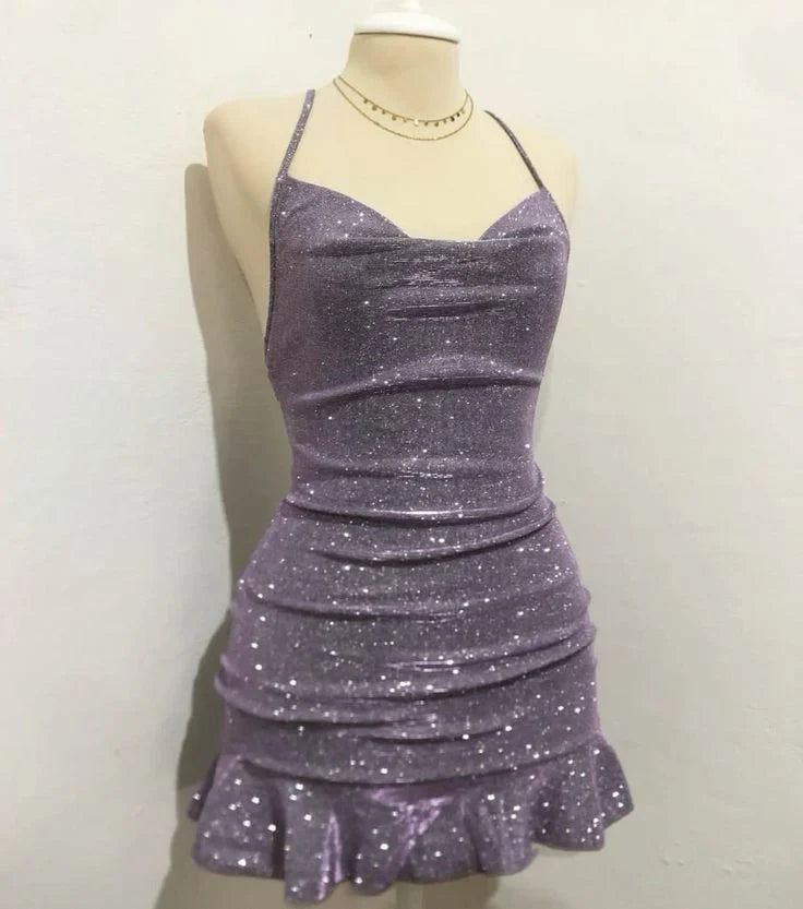 Sparkly Mermaid Halter Satin Sequin Short Homecoming Dress 19th Birthday Outfits C4676