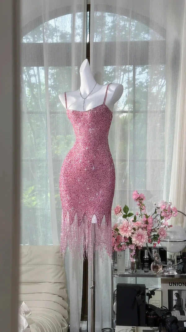 Sparkly Pink Mermaid Spaghetti Straps Sequin Tassel Short Homecoming Dress 19th Birthday Outfits C4710
