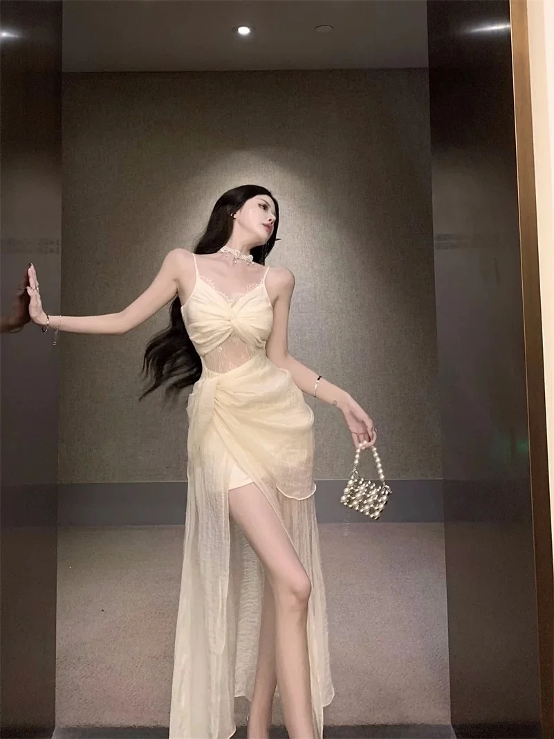 Pretty A Line Spaghetti Straps Chiffon Lace Slit Long Prom Dresses Formal Dress C4717