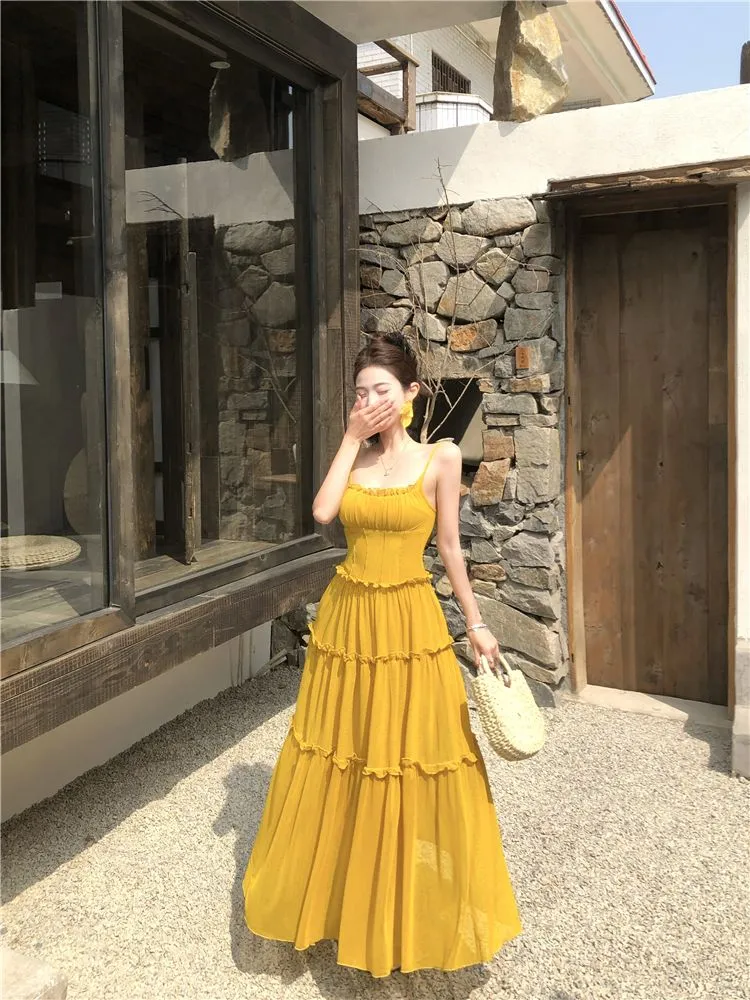 Yellow A Line Spaghetti Straps Satin Long Prom Dresses Formal Dress C4724