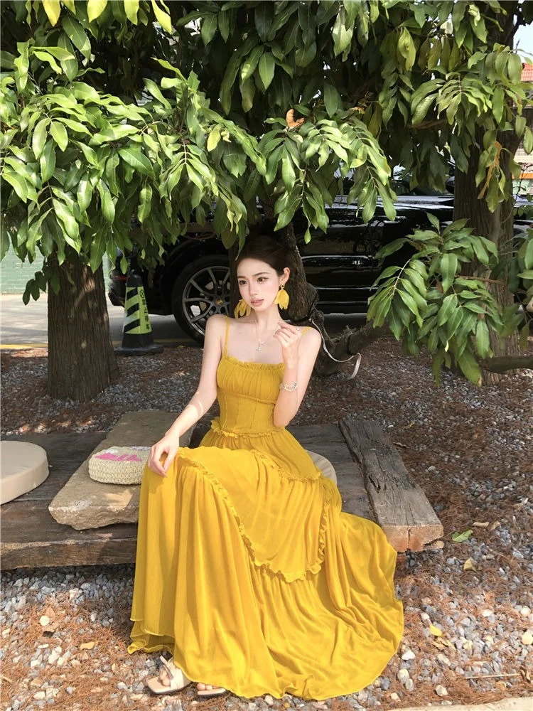 Yellow A Line Spaghetti Straps Satin Long Prom Dresses Formal Dress C4724