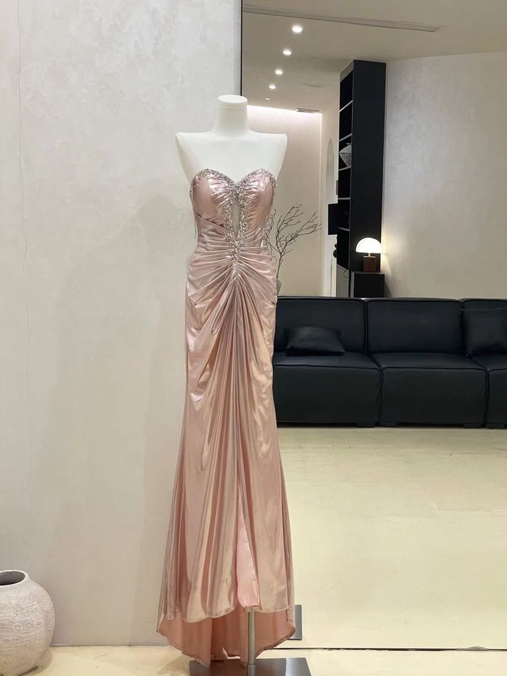 Chic Mermaid Strapless Pink Satin Beads Pleated Long Prom Dresses Formal Dress C4726