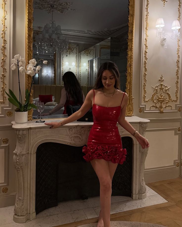 Shiny Mermaid Spaghetti Straps Red Satin Sequin Short Homecoming Dress 21th Birthday Outfits C4740