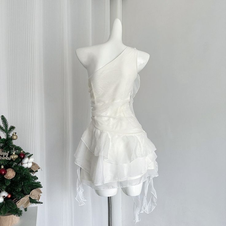 White A Line One Shoulder Chiffon Ruffles Short Homecoming Dress 16th Birthday Outfits C4745