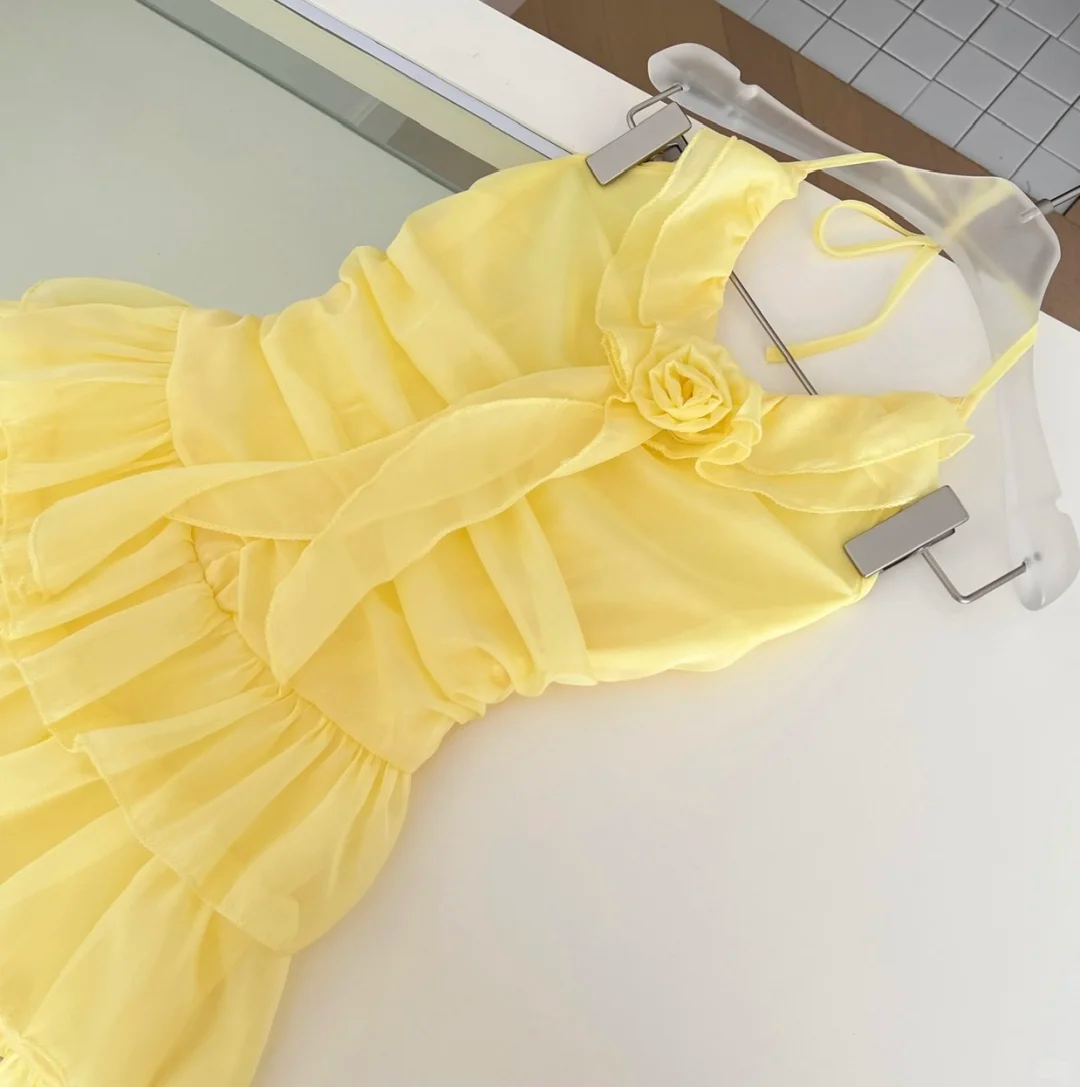 Yellow A Line Halter Chiffon Tiered Short Homecoming Dress 19th Birthday Outfits C4760