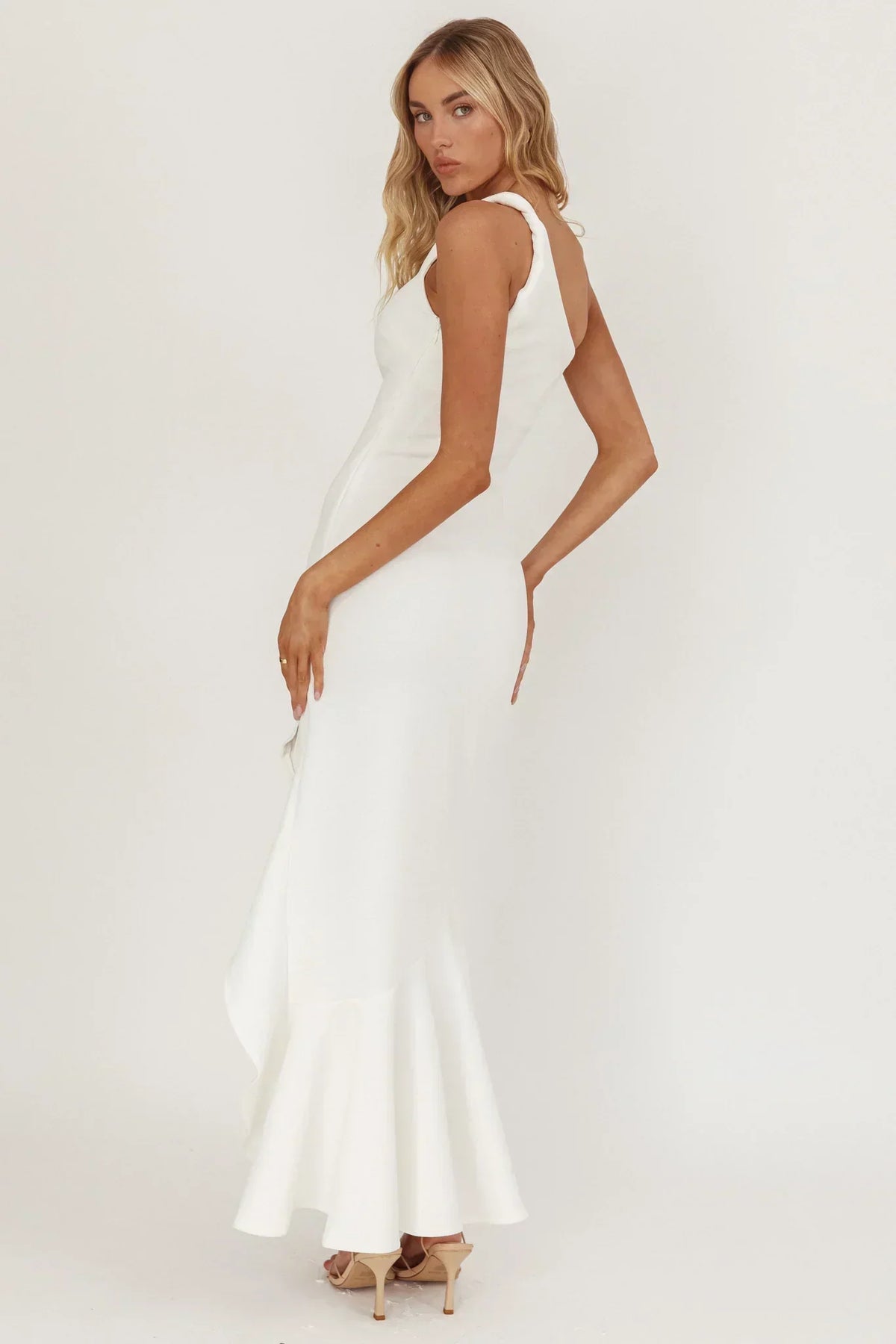 One Shoulder Fitted Ruffle High Low Hem Maxi Dress 2