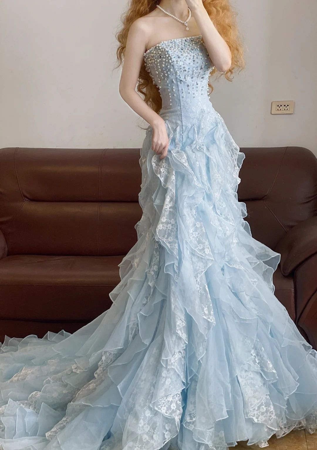 Gorgeous A line Strapless Pale Blue Chiffon Lace Beads Long Prom Dresses Formal Dress C4829