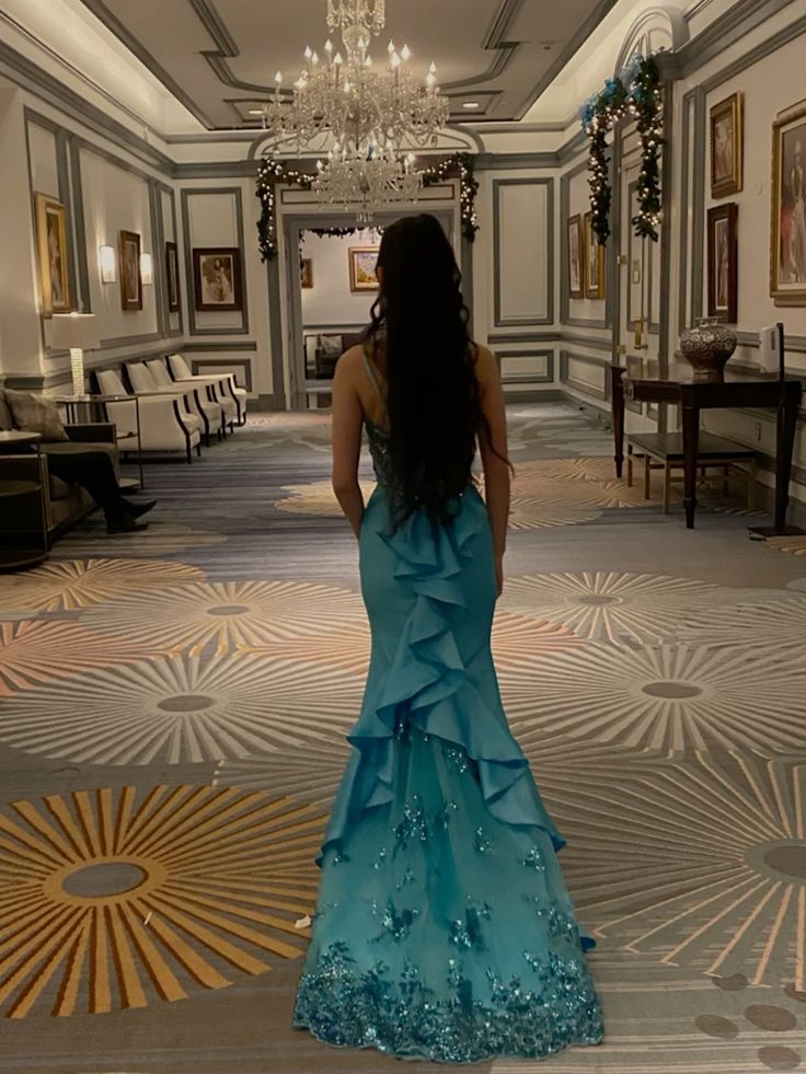 Unique Mermaid Sapghetti Straps Blue Satin Tulle Sequin Long Prom Dresses Formal Dress C4830