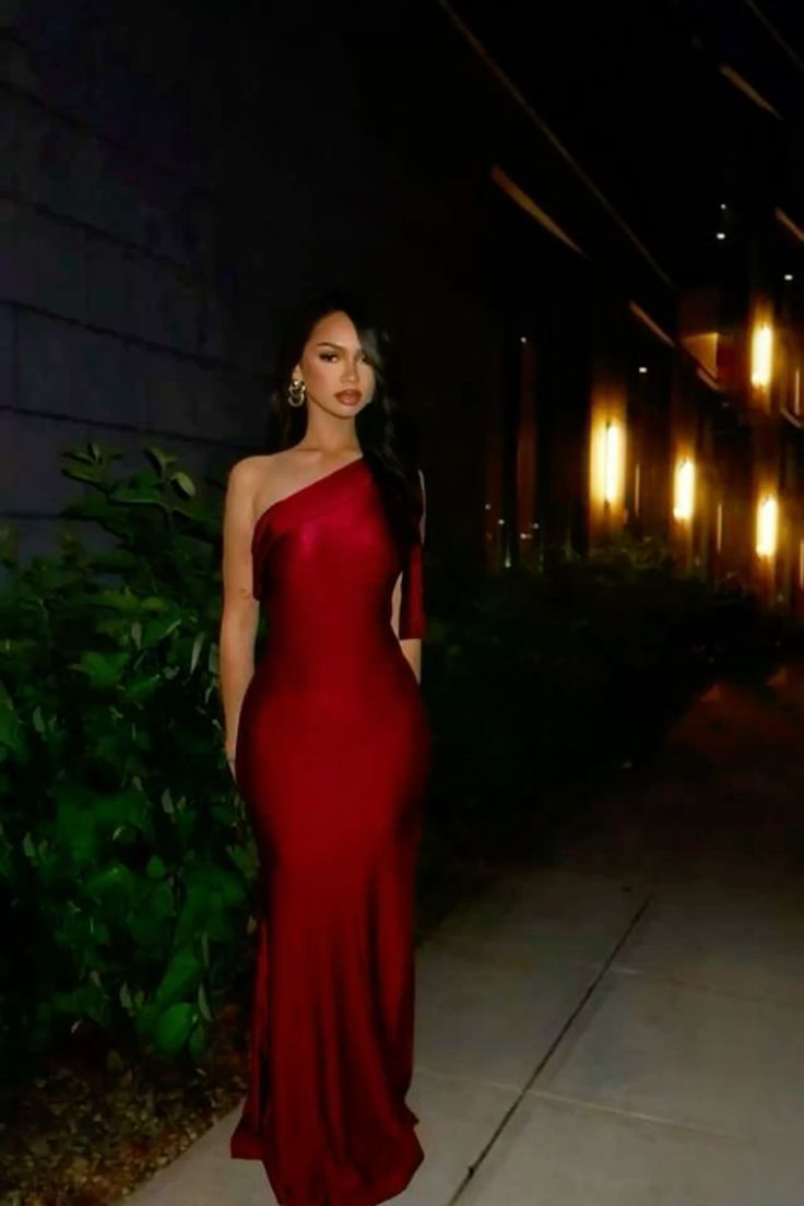 Simple Mermaid One Shoulder Burgundy Satin Long Prom Dresses Formal Dress C4835