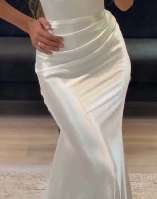 Classy Mermaid Strapless White Satin Pleated Long Prom Dresses Formal Dress C4842
