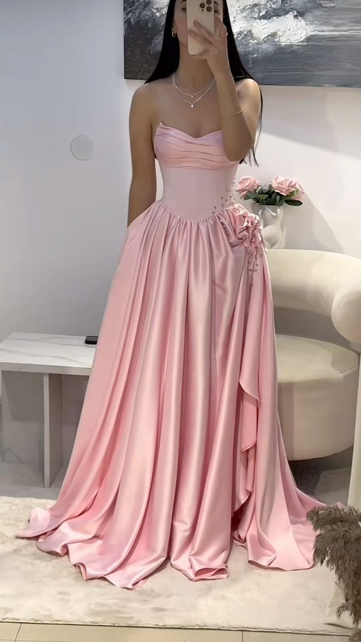Pretty A Line Strapless Pink Satin Beads With Slit Long Prom Dresses Formal Dress C4843