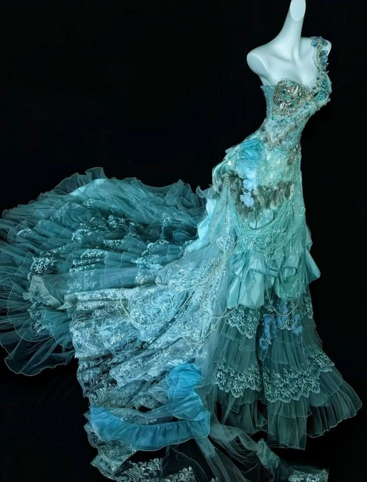 Gorgeous Mermaid One Shoulder Tulle Lace Beads Long Prom Dresses Formal Dress C4883