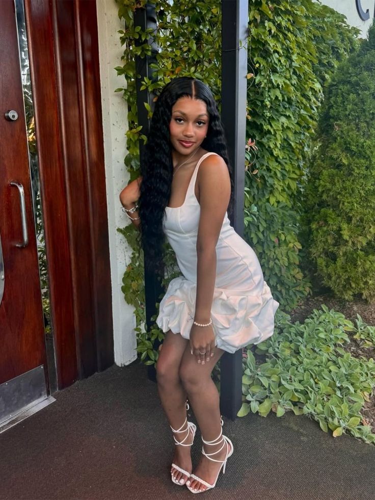 White A line Spaghetti Straps Satin Short Homecoming Dress 17th Birthday Outfits C4924