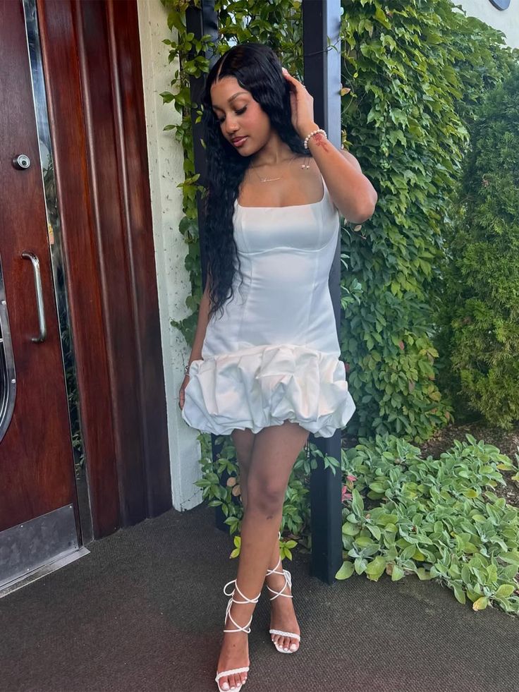 White A line Spaghetti Straps Satin Short Homecoming Dress 17th Birthday Outfits C4924