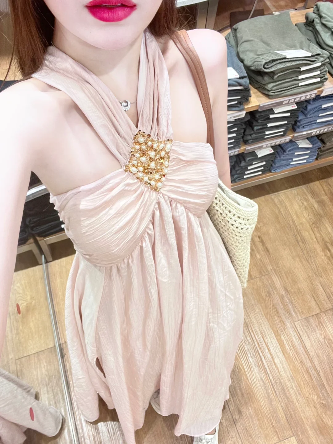 Classy A Line Halter Satin Beads Long Prom Dresses Formal Dress C4964