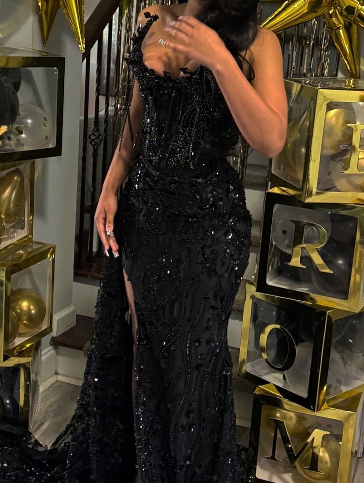 Gorgeous Mermaid Strapless Black Satin Sequin Beads Slit Long Prom Dresses Formal Dress C4965