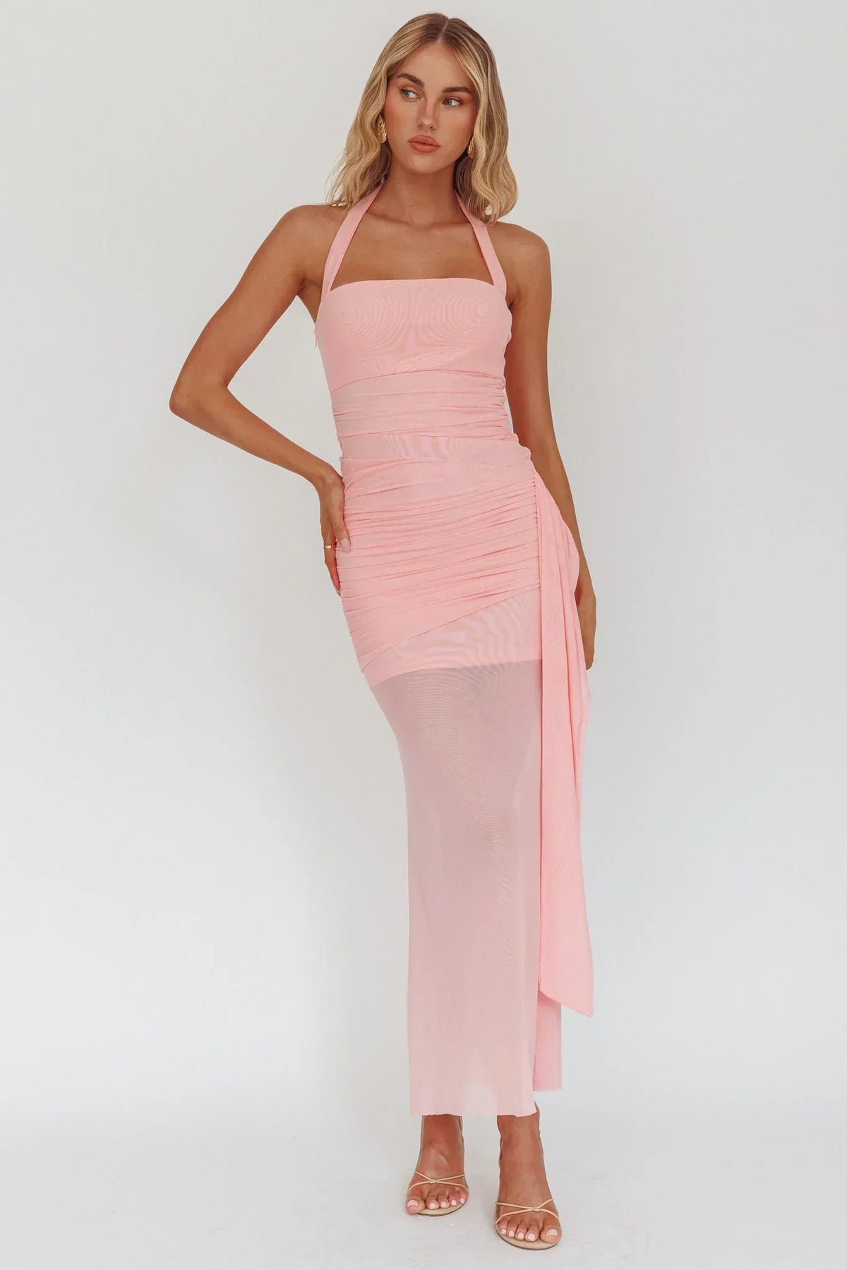 Mesh Halter Neck Ruched Side Drape Maxi Dress 4