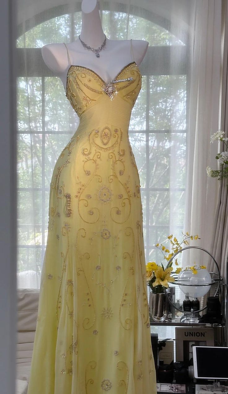 Gorgeous Mermaid Sapghetti Straps Yellow Satin Chiffon Beads Long Prom Dresses Formal Dress C5000