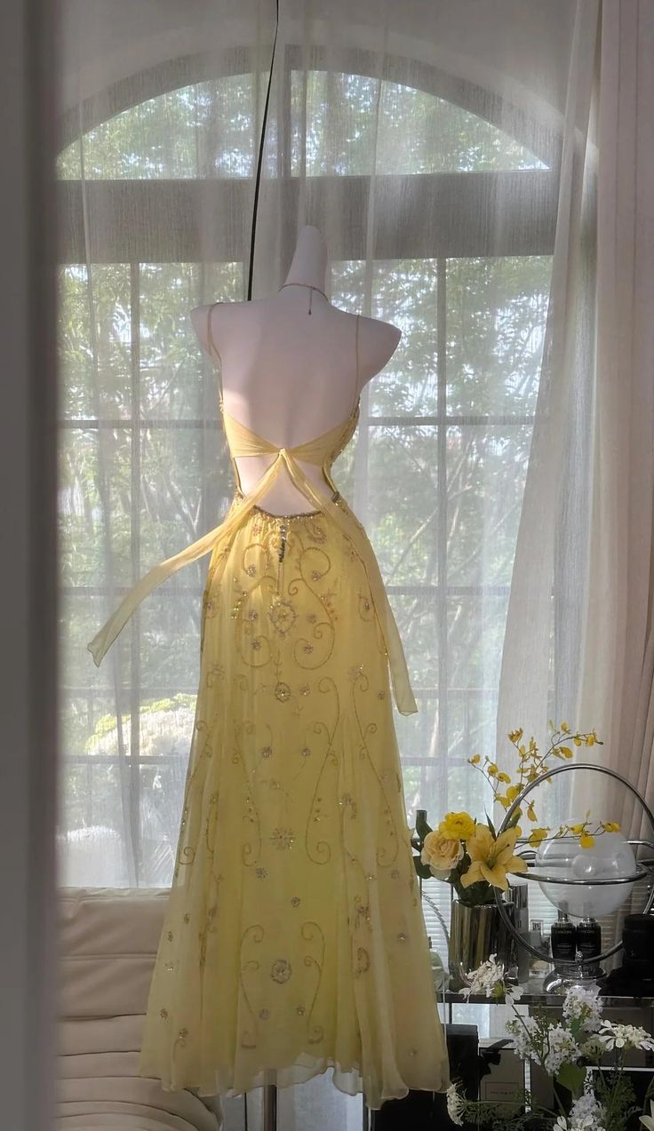 Gorgeous Mermaid Sapghetti Straps Yellow Satin Chiffon Beads Long Prom Dresses Formal Dress C5000