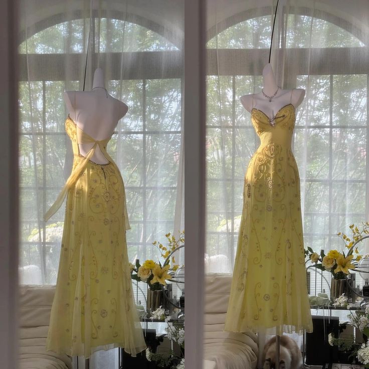 Gorgeous Mermaid Sapghetti Straps Yellow Satin Chiffon Beads Long Prom Dresses Formal Dress C5000