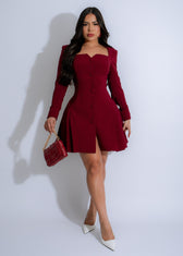 Square Neck Long Sleeve Pleated Fit and Flare Mini Dress