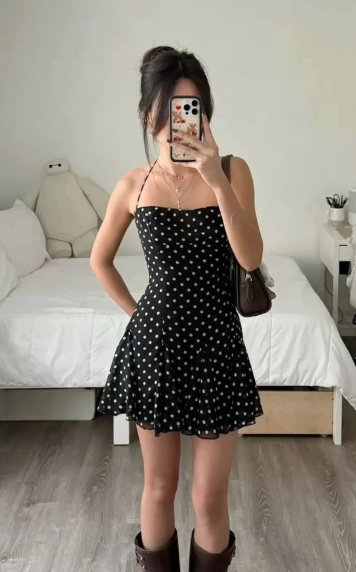 Chic A Line Halter Satin Polka Dots Short Homecoming Dress 18th Birthday Outfits C5059